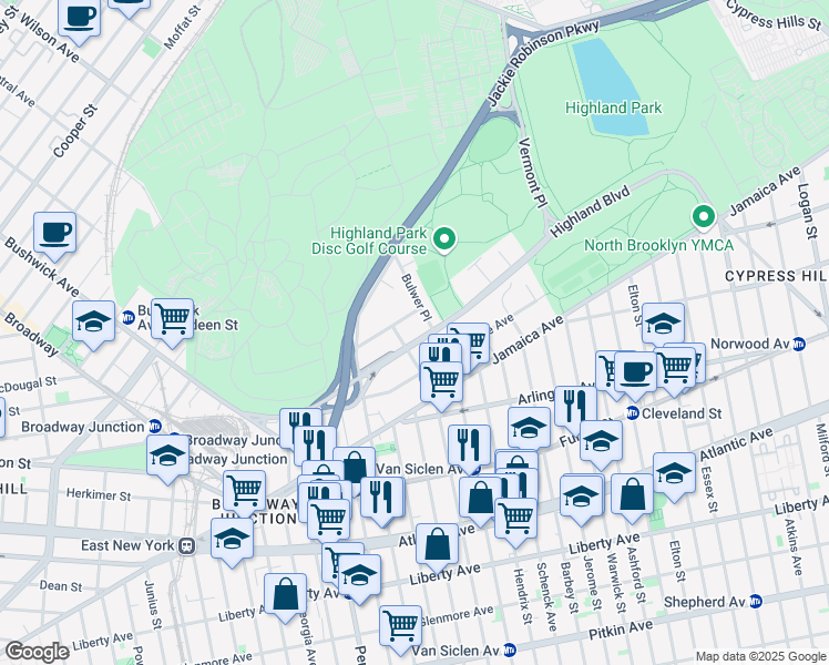 map of restaurants, bars, coffee shops, grocery stores, and more near 215 Highland Boulevard in Brooklyn