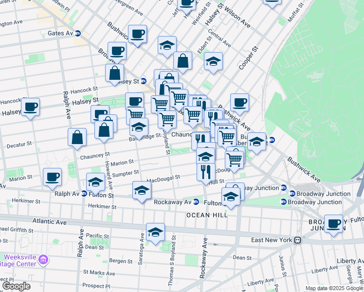 map of restaurants, bars, coffee shops, grocery stores, and more near 422 Marion Street in Brooklyn
