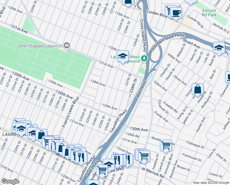 map of restaurants, bars, coffee shops, grocery stores, and more near 128-32 236th Street in Queens