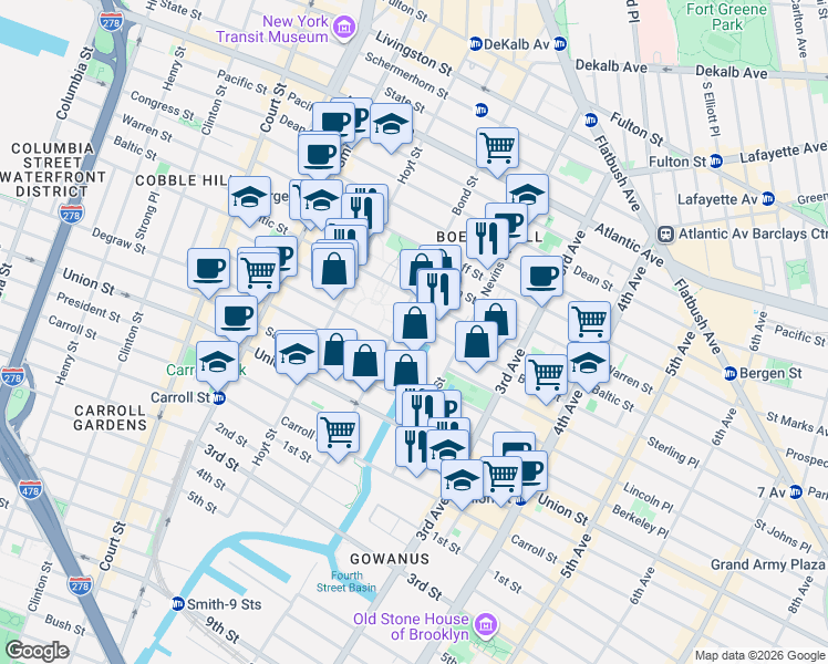 map of restaurants, bars, coffee shops, grocery stores, and more near 198 Douglass Street in Brooklyn