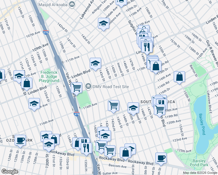 map of restaurants, bars, coffee shops, grocery stores, and more near 115-21 143rd Street in Queens