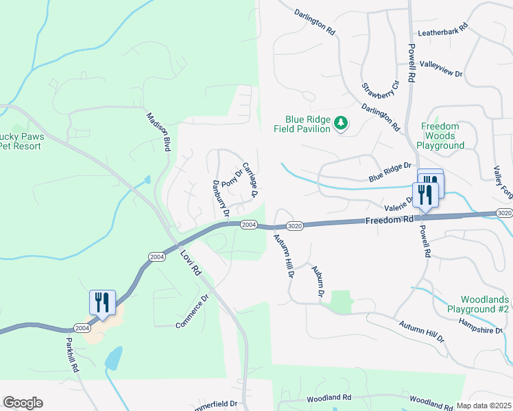 map of restaurants, bars, coffee shops, grocery stores, and more near 124 Carriage Drive in Freedom
