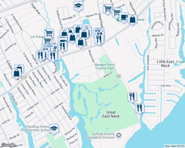 map of restaurants, bars, coffee shops, grocery stores, and more near 92 Milligan Road in West Babylon