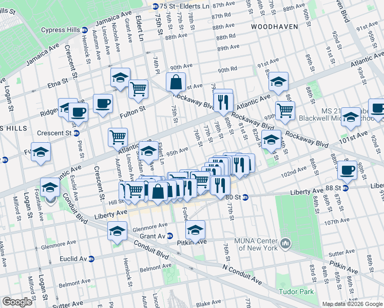 map of restaurants, bars, coffee shops, grocery stores, and more near 75-01 97th Avenue in Queens