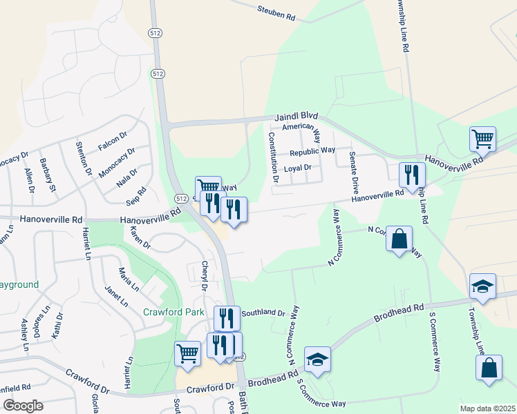 map of restaurants, bars, coffee shops, grocery stores, and more near 5360 Hanoverville Road in Bethlehem