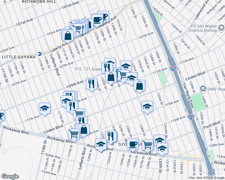 map of restaurants, bars, coffee shops, grocery stores, and more near 111-24 126th Street in Queens