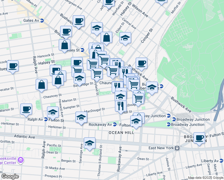 map of restaurants, bars, coffee shops, grocery stores, and more near 422 Marion Street in Brooklyn