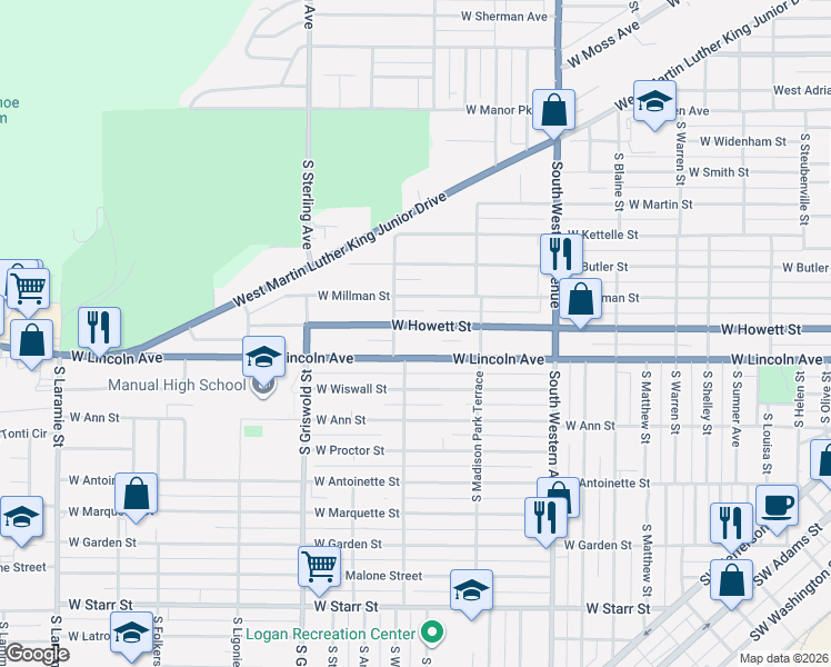 map of restaurants, bars, coffee shops, grocery stores, and more near 2203 West Lincoln Avenue in Peoria