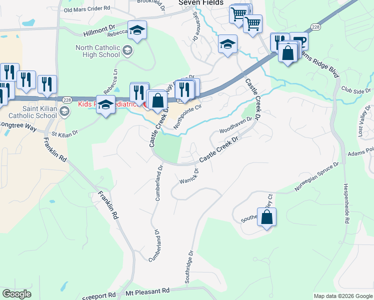 map of restaurants, bars, coffee shops, grocery stores, and more near 805 Wilshire Circle in Seven Fields