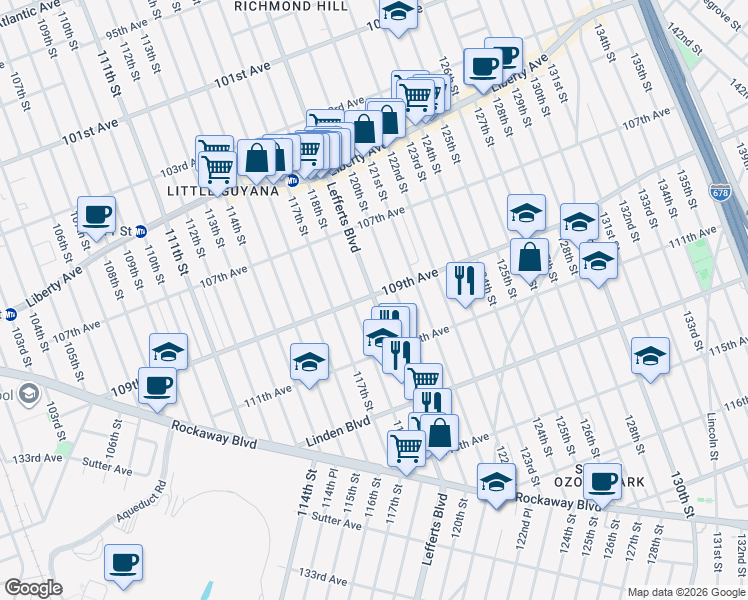 map of restaurants, bars, coffee shops, grocery stores, and more near 714 Lefferts Boulevard in Queens