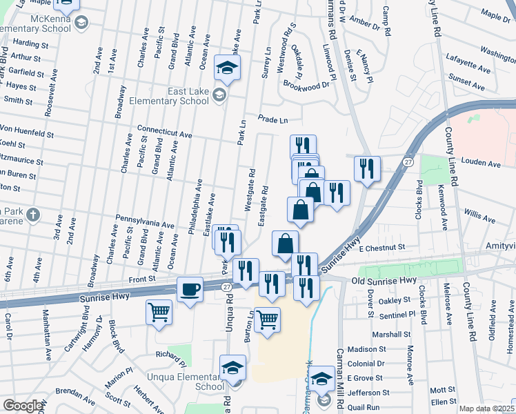 map of restaurants, bars, coffee shops, grocery stores, and more near 10 Henderson Road in Massapequa Park