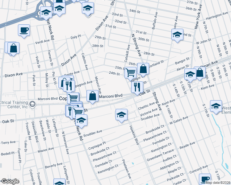 map of restaurants, bars, coffee shops, grocery stores, and more near 1245 Marconi Boulevard in Copiague