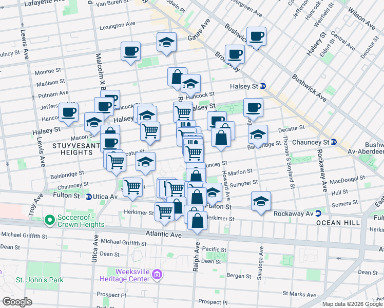 map of restaurants, bars, coffee shops, grocery stores, and more near 235 Ralph Avenue in Brooklyn