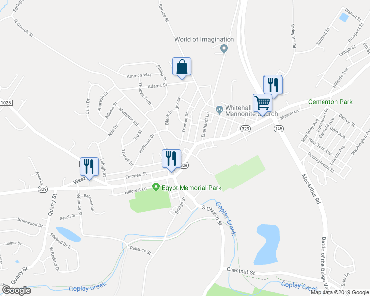 map of restaurants, bars, coffee shops, grocery stores, and more near Fairview Street in Whitehall