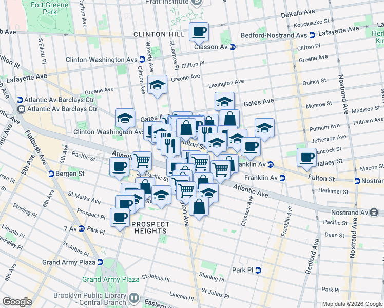 map of restaurants, bars, coffee shops, grocery stores, and more near 300 Saint James Place in Brooklyn