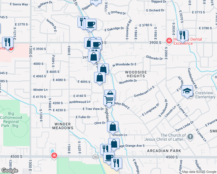 map of restaurants, bars, coffee shops, grocery stores, and more near 4141 Highland Drive in Holladay