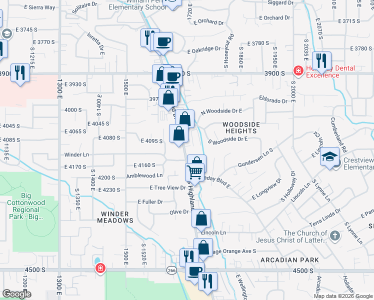 map of restaurants, bars, coffee shops, grocery stores, and more near 4141 Highland Drive in Holladay