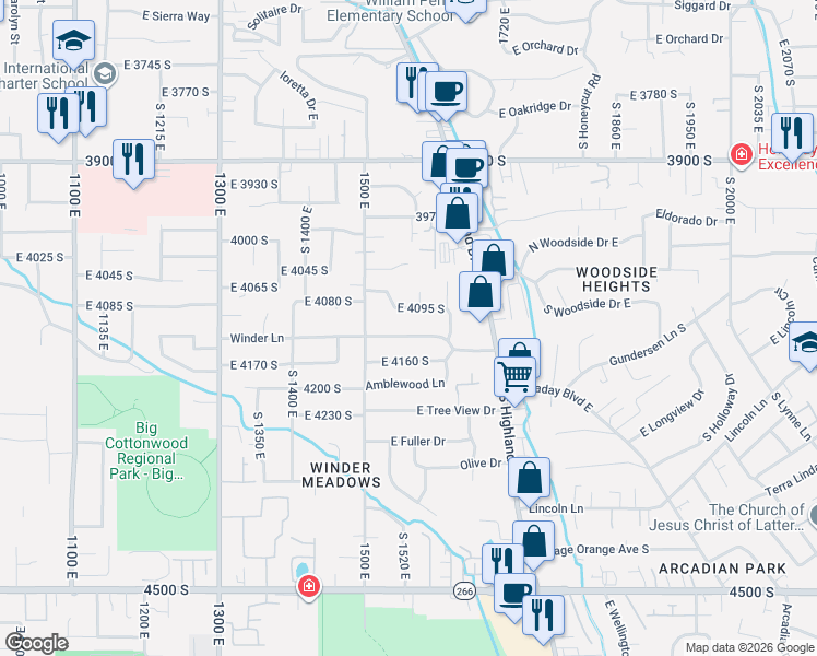map of restaurants, bars, coffee shops, grocery stores, and more near 1586 Winder Lane in Millcreek