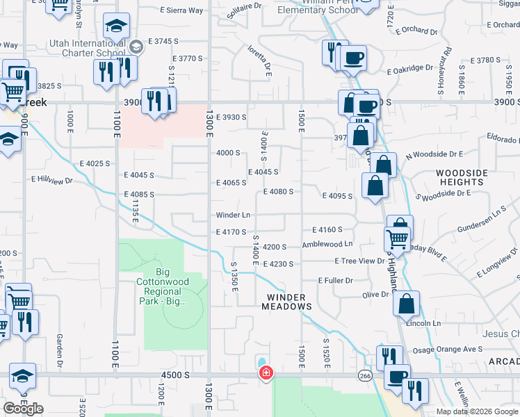 map of restaurants, bars, coffee shops, grocery stores, and more near 1432 Winder Lane in Millcreek