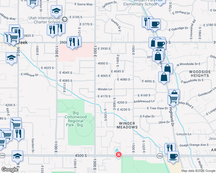 map of restaurants, bars, coffee shops, grocery stores, and more near 1368 Winder Lane in Millcreek