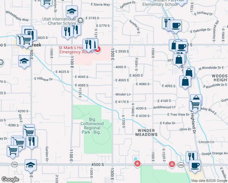 map of restaurants, bars, coffee shops, grocery stores, and more near 1318 Winder Lane in Millcreek