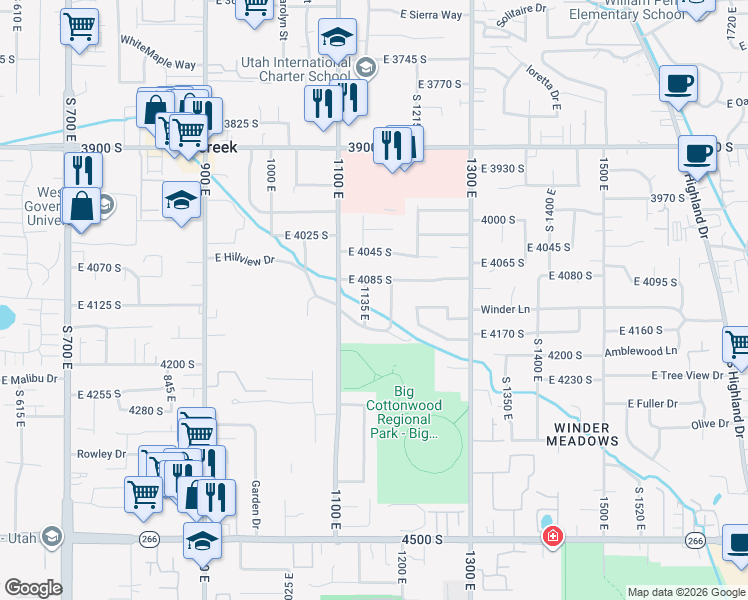 map of restaurants, bars, coffee shops, grocery stores, and more near 1155 Hillview Drive in Millcreek