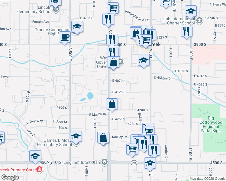 map of restaurants, bars, coffee shops, grocery stores, and more near 693 East 4129 South in Murray