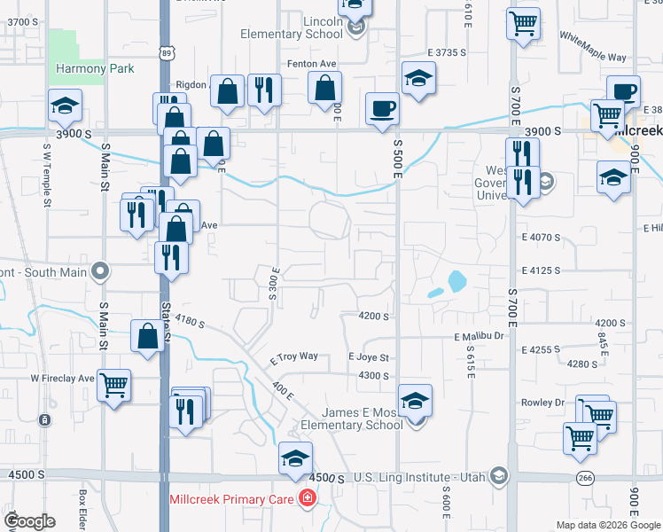 map of restaurants, bars, coffee shops, grocery stores, and more near 388 East 4140 South in Millcreek