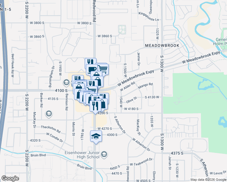 map of restaurants, bars, coffee shops, grocery stores, and more near 4126 South Oak Meadows Drive in Taylorsville