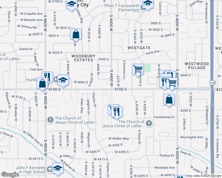 map of restaurants, bars, coffee shops, grocery stores, and more near 4147 4400 west in West Valley City