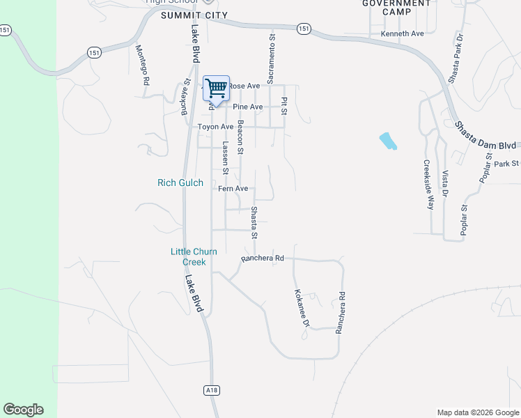 map of restaurants, bars, coffee shops, grocery stores, and more near 13523 Shasta St in Shasta Lake