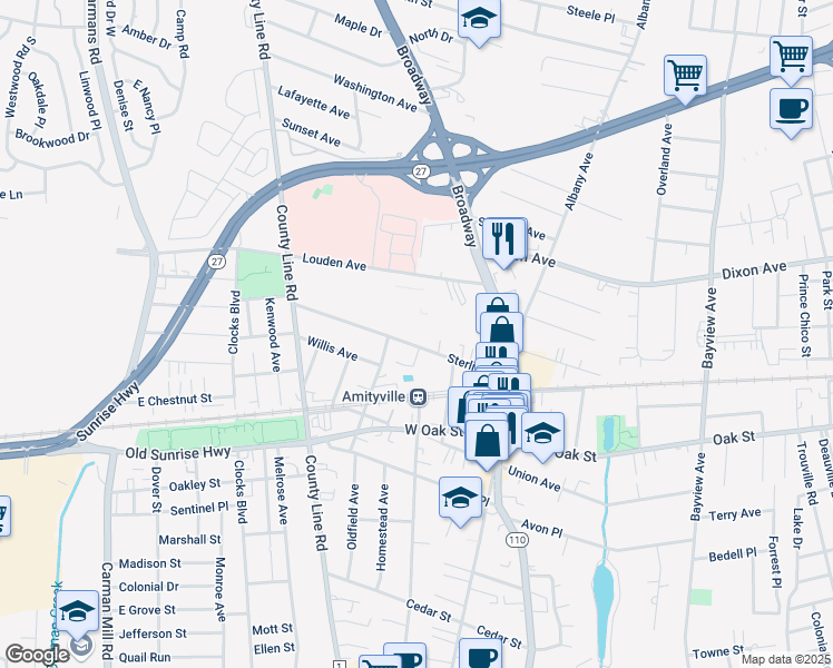 map of restaurants, bars, coffee shops, grocery stores, and more near 80 Sterling Place in Amityville