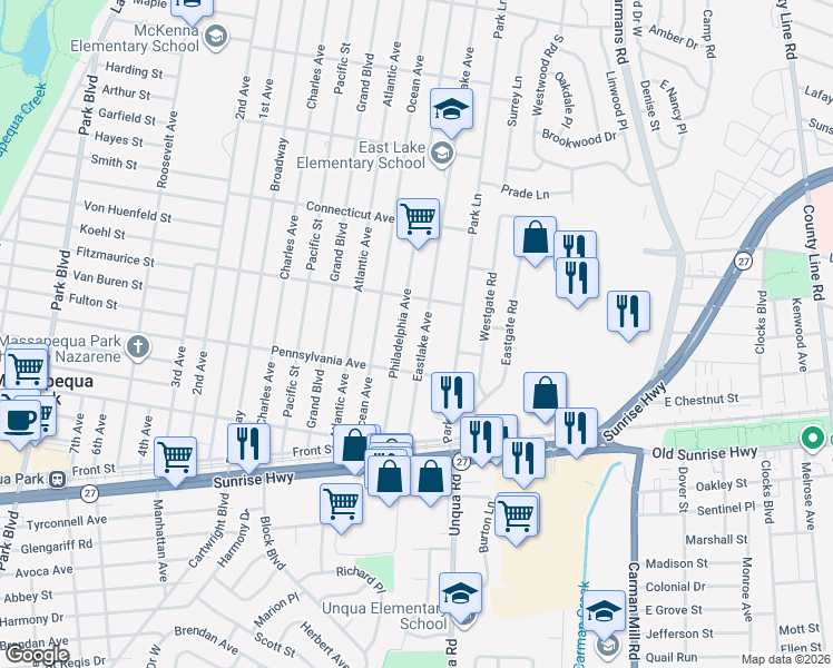 map of restaurants, bars, coffee shops, grocery stores, and more near 79 Philadelphia Avenue in Massapequa Park
