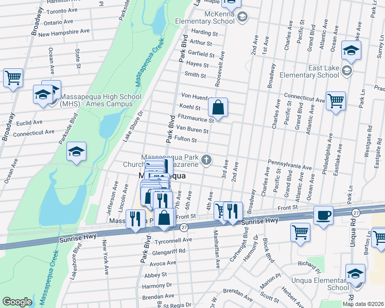 map of restaurants, bars, coffee shops, grocery stores, and more near 132 Wilson Street in Massapequa Park