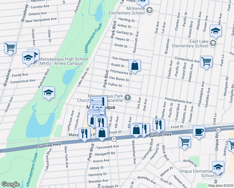 map of restaurants, bars, coffee shops, grocery stores, and more near 132 Wilson Street in Massapequa Park