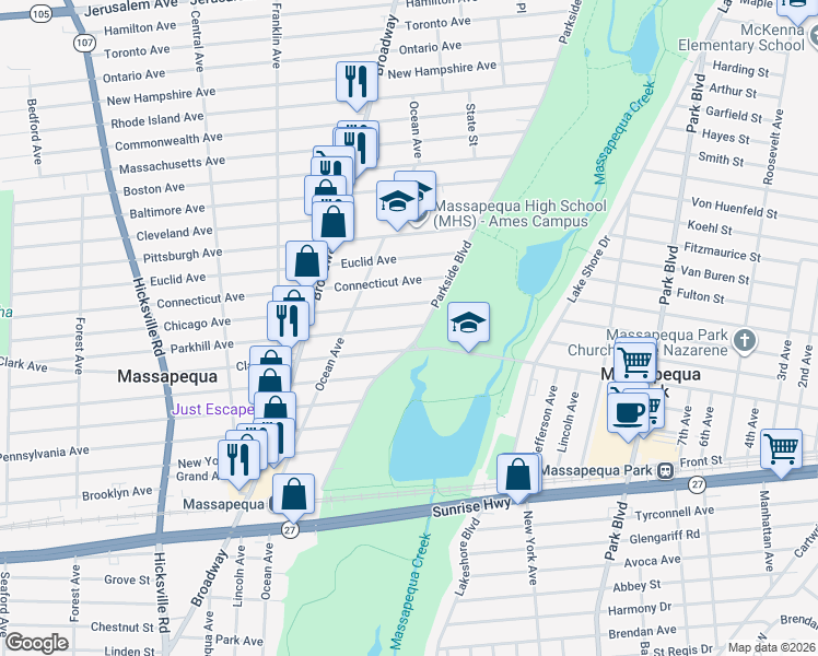 map of restaurants, bars, coffee shops, grocery stores, and more near 139 Clark Avenue in Massapequa