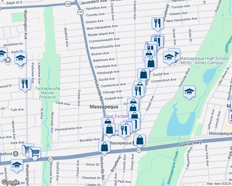 map of restaurants, bars, coffee shops, grocery stores, and more near 82 Parkhill Avenue in Massapequa