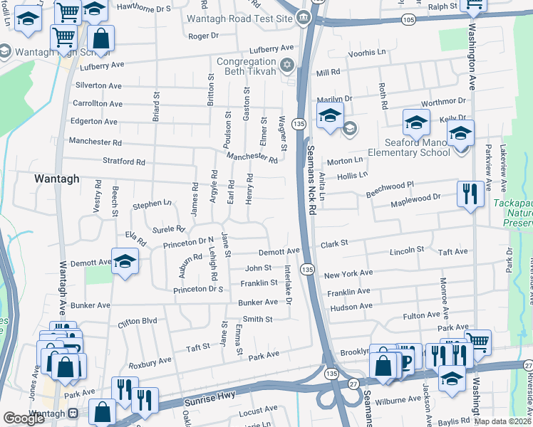 map of restaurants, bars, coffee shops, grocery stores, and more near 16 Temple Drive in Wantagh