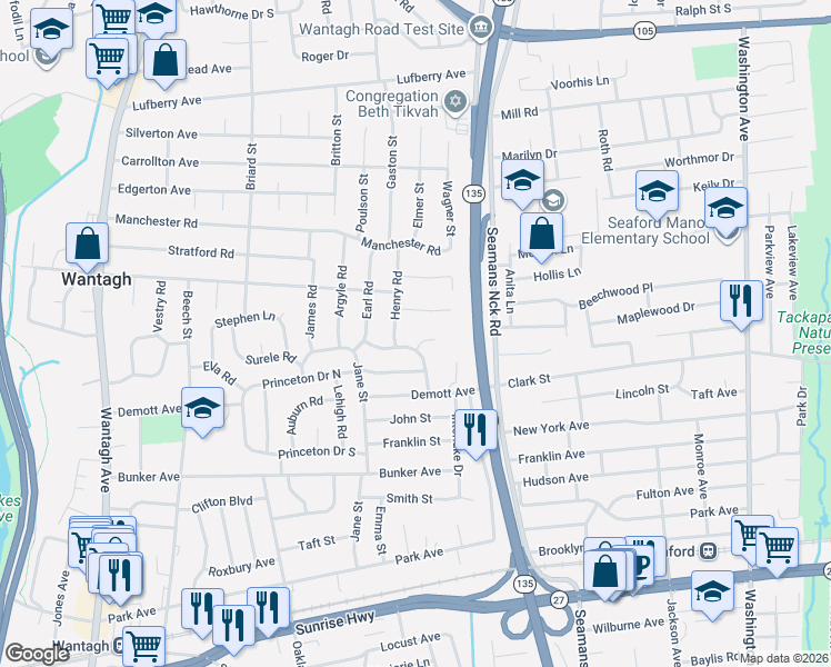 map of restaurants, bars, coffee shops, grocery stores, and more near 1630 Temple Drive in Wantagh