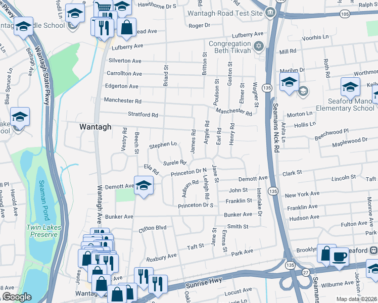 map of restaurants, bars, coffee shops, grocery stores, and more near 1624 Jane Street in Wantagh