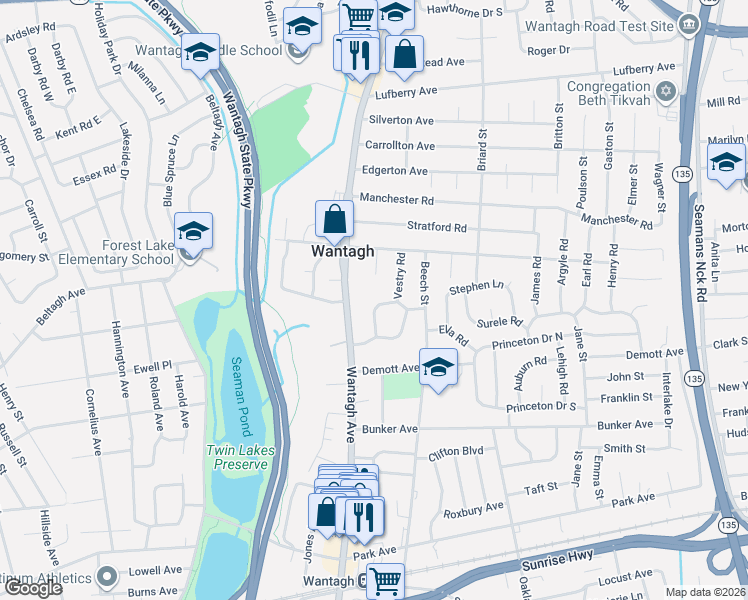 map of restaurants, bars, coffee shops, grocery stores, and more near 1650 George Road in Wantagh