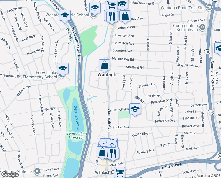 map of restaurants, bars, coffee shops, grocery stores, and more near 1650 George Road in Wantagh