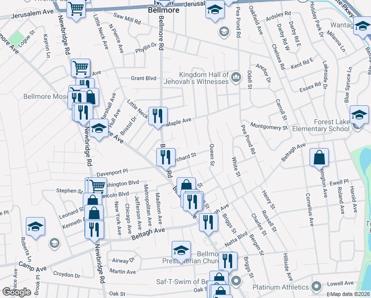 map of restaurants, bars, coffee shops, grocery stores, and more near 2688 Orchard Street in North Bellmore