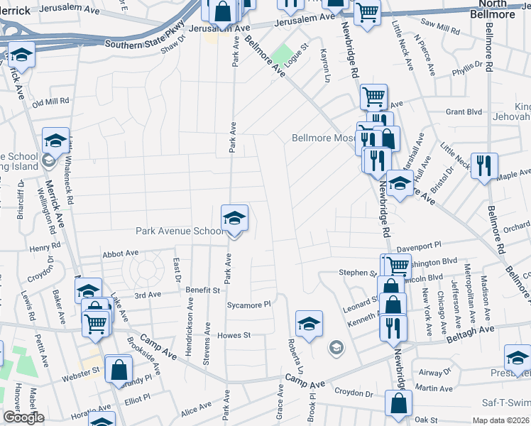 map of restaurants, bars, coffee shops, grocery stores, and more near 1553 Sycamore Avenue in Merrick