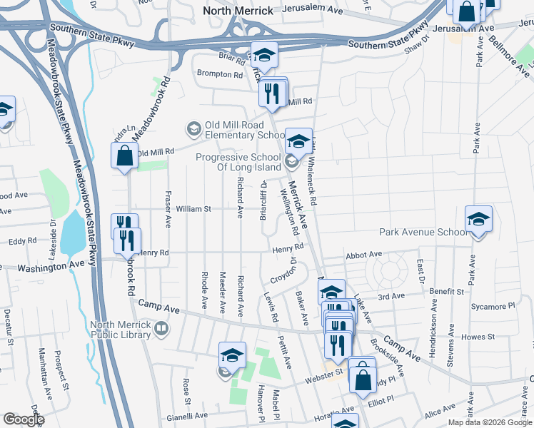 map of restaurants, bars, coffee shops, grocery stores, and more near 5 Chelsea Drive in Merrick