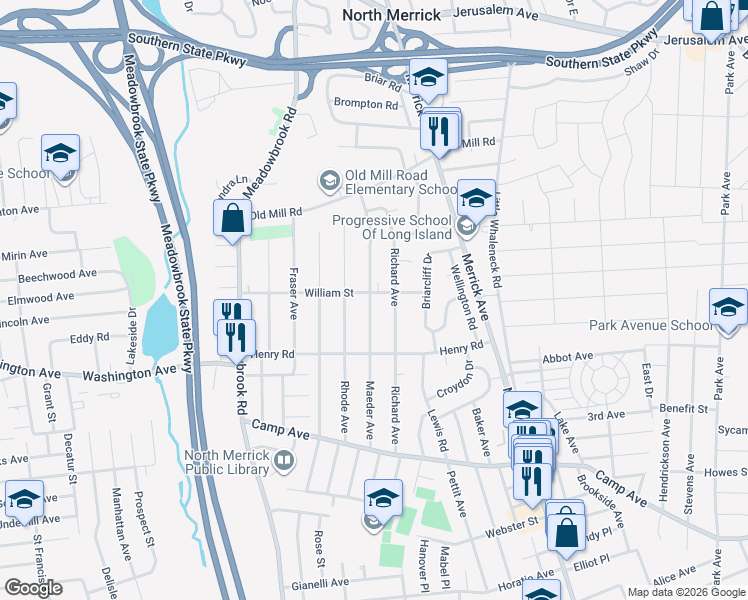 map of restaurants, bars, coffee shops, grocery stores, and more near 1512 Maeder Avenue in Merrick