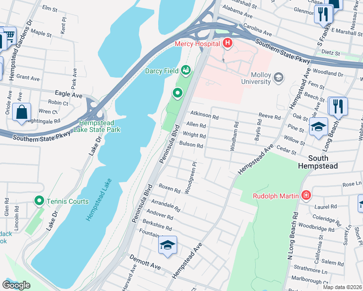 map of restaurants, bars, coffee shops, grocery stores, and more near 33 Canterbury Road in Rockville Centre