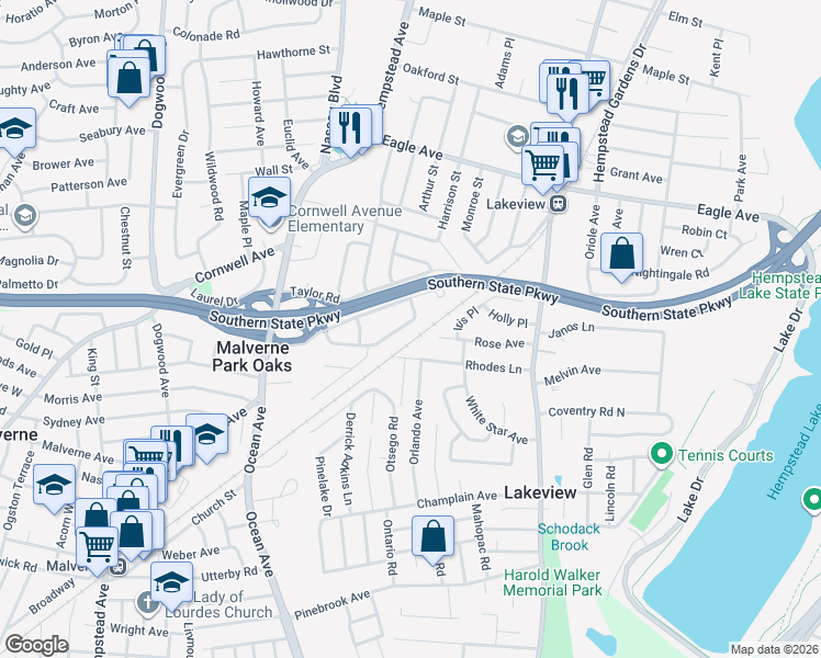 map of restaurants, bars, coffee shops, grocery stores, and more near 512 Rhodes Lane in West Hempstead