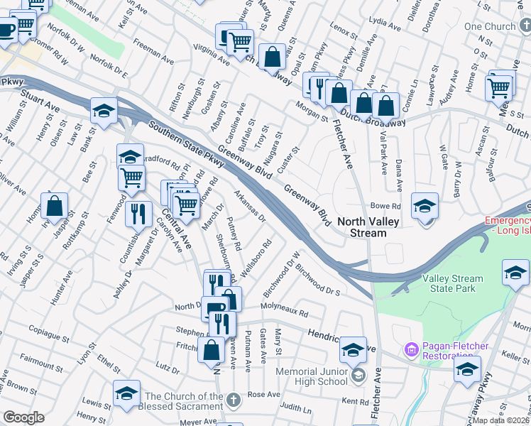 map of restaurants, bars, coffee shops, grocery stores, and more near 1002 Stafford Road in Valley Stream
