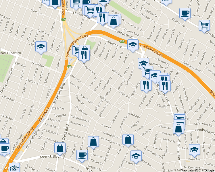 map of restaurants, bars, coffee shops, grocery stores, and more near 11 Irving Street in Valley Stream